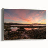 Framed canvas depicting a vintage landscape art painting of New Brunswick, featuring colorful art in muted earth tones.