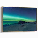 Framed canvas featuring a vintage-style landscape painting of Newfoundland, with muted earth tones.