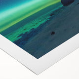 Art deco poster of Newfoundland scenery in muted green and blue tones on rolled canvas, suitable for dining room wall art.