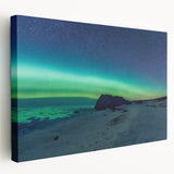 Side view of a stretched canvas depicting a serene Newfoundland landscape in muted green and blue tones.