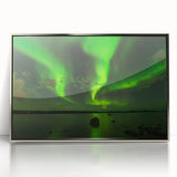 Mid-century modernist art of Northwest Territories landscape in silver-framed acrylic, featuring muted earth tones.