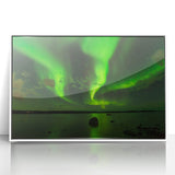 Modern art wall decor featuring a serene Northwest Territories landscape in muted colors, framed in white acrylic.