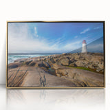 Framed acrylic print of Nova Scotia scenery in gold tones, suitable for nursery wall art or modern decor.