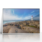 Art deco poster of Nova Scotia scenery in muted blue tones on acrylic framed in white, suitable for nursery wall art.