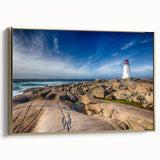 Framed canvas of a vintage-style Nova Scotia landscape in muted gold and black tones, ideal for bedroom wall art.