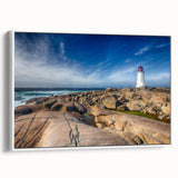 Framed canvas depicting a vintage poster art of Nova Scotia scenery in vibrant colors, ideal for living room decor.