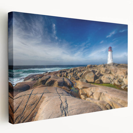 Stretch canvas depicting a serene Nova Scotia landscape, in muted blue and green tones, ideal for kitchen wall art.