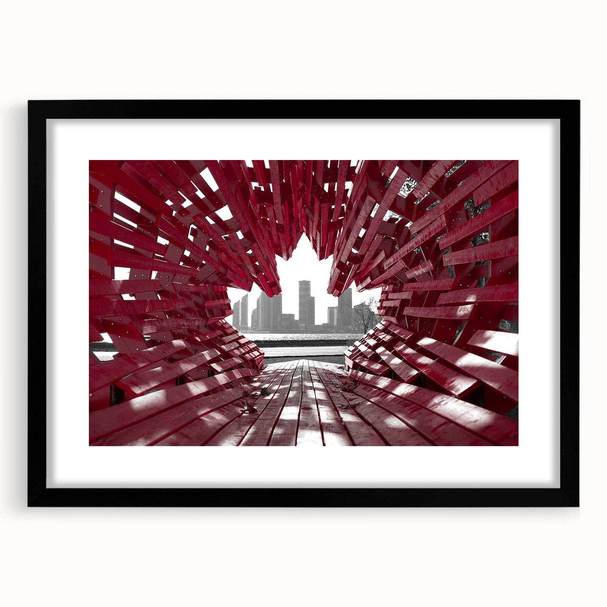 Extra large abstract art print of a colorful, textured scenery depicting Ontario, in a black frame with mat.