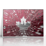 Art deco poster depicting Ontario, Canada scenery in muted gray tones on white framed acrylic.