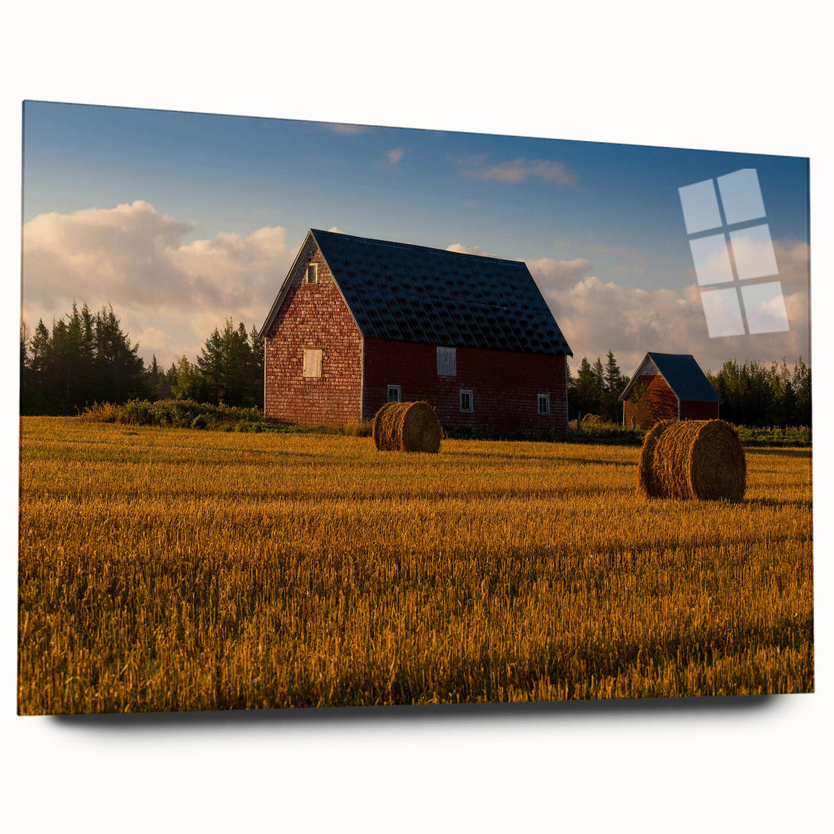 Acrylic print of a serene Prince Edward Island landscape, featuring muted earth tones, ideal for bedroom or dining room art.