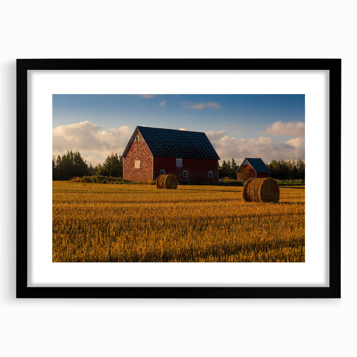 Extra large abstract art print of a textured, colorful Canadian landscape, framed in black, ideal for living room decor.