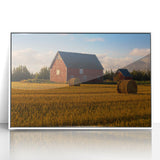 Acrylic print of a serene Prince Edward Island landscape in muted green and blue tones, framed in white.