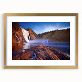 Extra large abstract art print of a textured Canadian landscape in muted earth tones, framed in gold.