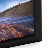 Extra large framed canvas of a textured black wall art depicting colorful Quebec scenery, ideal for living room decor.