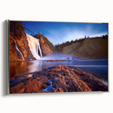 Framed canvas landscape art painting of Quebec with colorful and black vintage poster art elements, ideal for office decor.