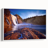 Vintage poster art of Quebec scenery on a framed canvas, featuring colorful art in extra large size.