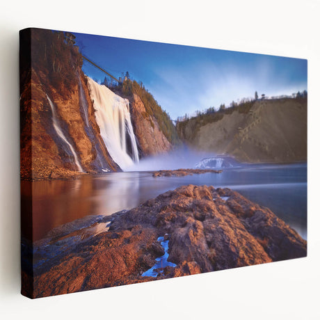Winter scene in Quebec with muted blue and white tones on stretched canvas, ideal for kitchen wall art.