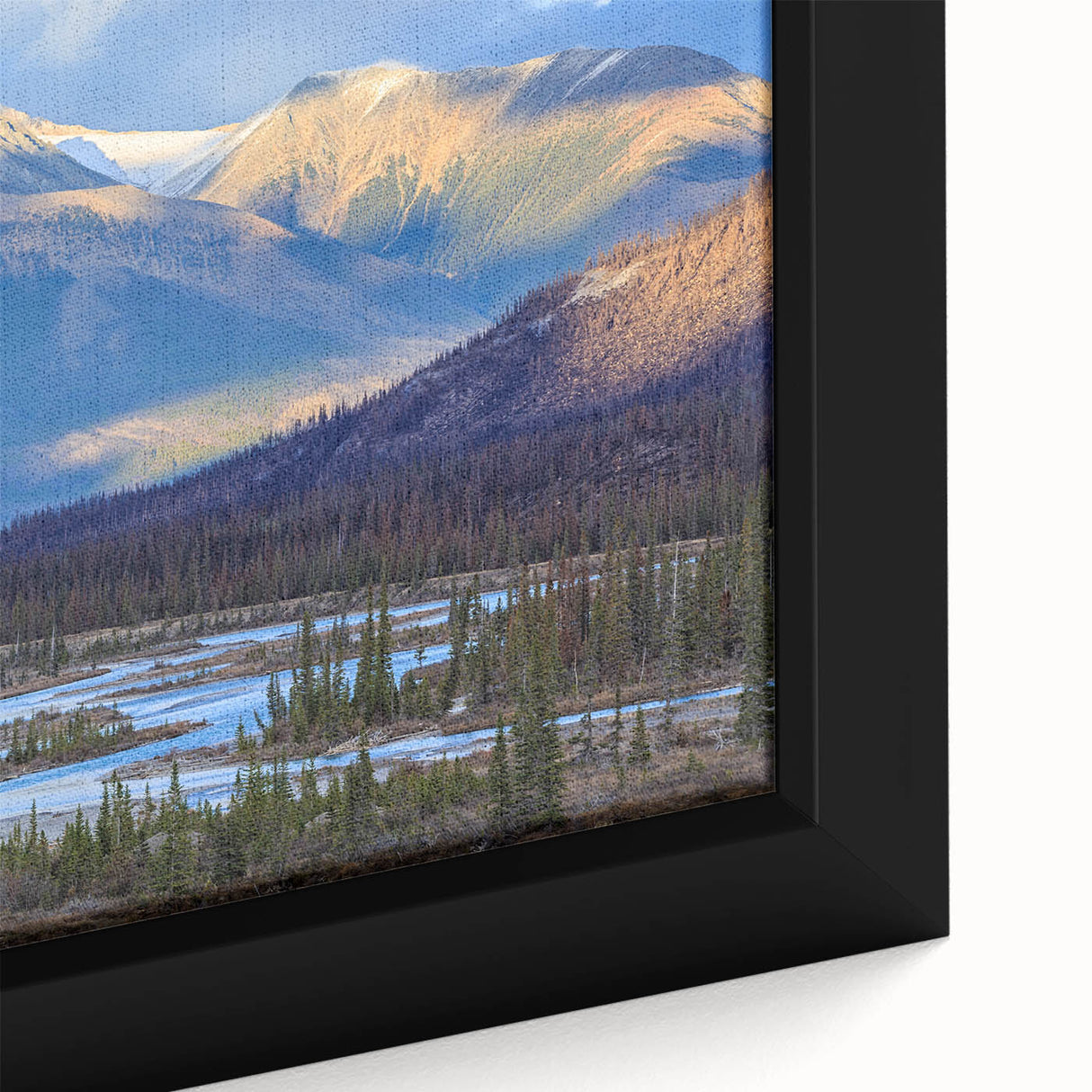 Black wall art featuring a textured depiction of the Saskatchewan scenery in colorful art style, framed canvas.