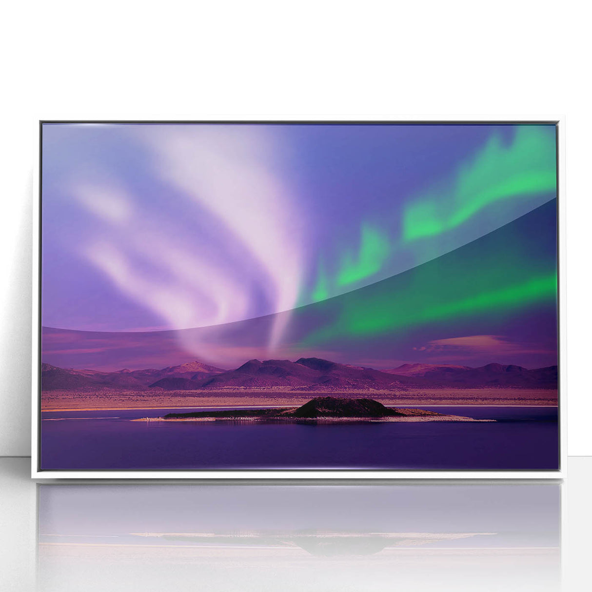 Acrylic print of a serene Yukon landscape in muted earth tones, framed in white, suitable for modern art wall decor.