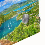 Large abstract wall art depicting a Caribbean scenery in muted aqua and sand tones on acrylic glass.