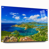 Acrylic print of a Caribbean Antigua scenery in vibrant blue and green tones, suitable for bedroom or dining room decor.