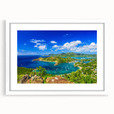 Textured art of a Caribbean beach with muted blue and beige tones on a framed white mat, ideal for bedroom decor.