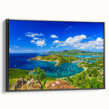 Black and white framed canvas depicting a vintage Caribbean landscape, ideal for bedroom wall art.