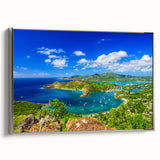 Framed canvas depicting a vintage Caribbean landscape in vibrant colors, ideal for enhancing a living room or study.