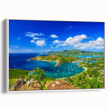 Vintage poster art of a Caribbean scene in vibrant colors on a large framed canvas, ideal for living room decor.