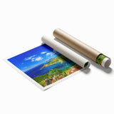 Extra large rolled print of a Caribbean beach scene with floral elements in soft blue and white tones.