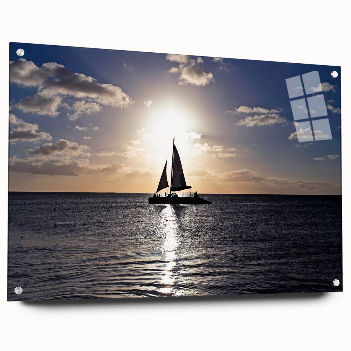 Large abstract wall art depicting Caribbean scenery in vibrant blues and greens on acrylic glass.