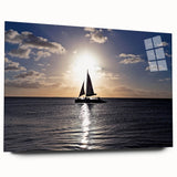 Large abstract wall art of a Caribbean seascape in vibrant blue and turquoise on acrylic glass.