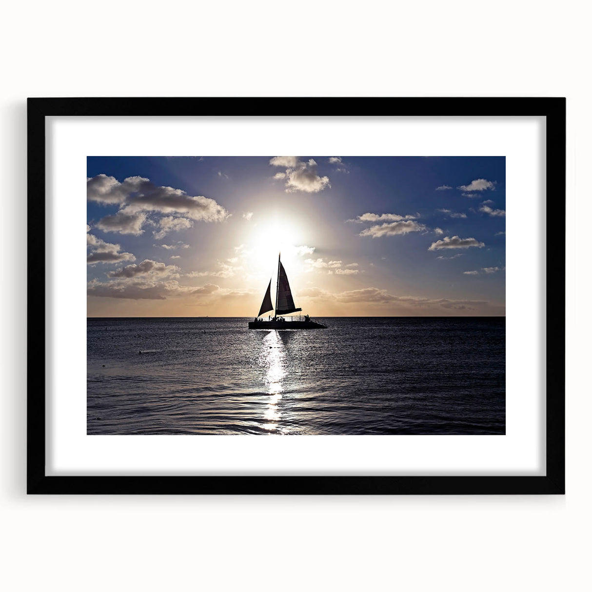 Extra large abstract art print of Caribbean scenery in vibrant colors on textured canvas, framed in black.