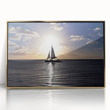 Art deco style poster of a Caribbean scenery, in vibrant blue and gold tones, framed in acrylic.