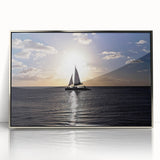 Mid-century modernist Caribbean scenery in muted blue and green tones on a framed acrylic print.