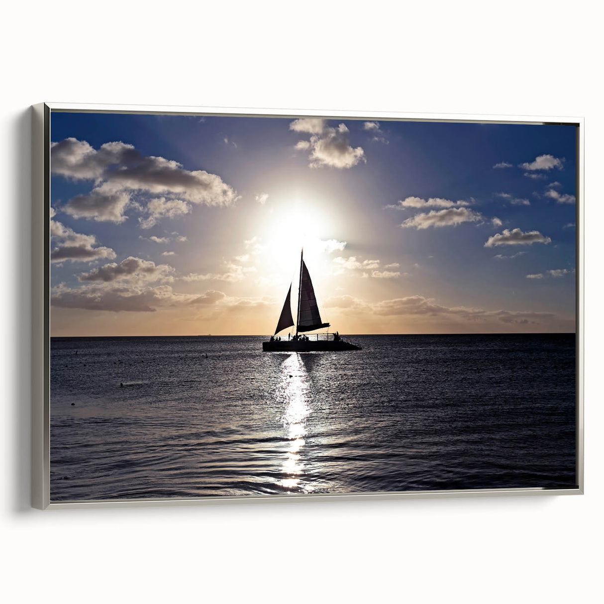 Framed canvas depicting a vintage-style Caribbean landscape with vibrant colors and black accents.