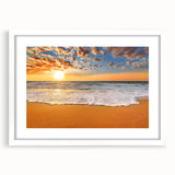 Textured abstract art print of Caribbean scenery in muted blue and green tones, framed with a white mat.