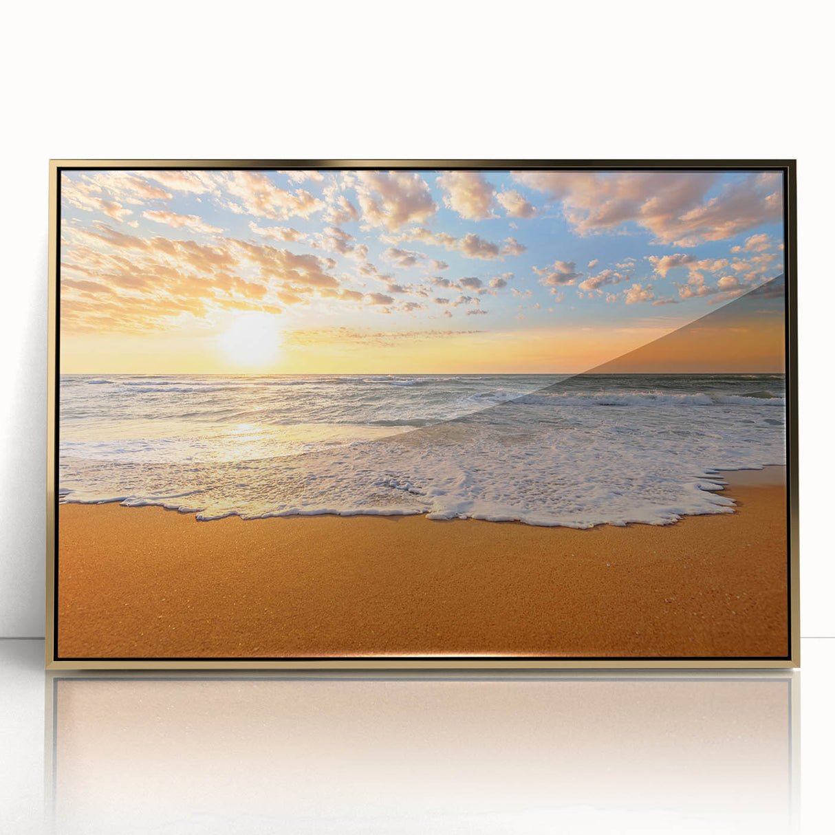 Art Deco style poster of the Bahamas scenery in muted gold tones on framed acrylic, suitable for modern art wall decor.