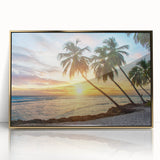 Art deco poster of Caribbean scenery in Barbados with vibrant blue and green hues, framed in gold acrylic.