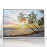 Mid-century modernist art depicting a Caribbean Barbados scenery in vibrant colors on a white framed acrylic print.