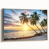 Framed canvas depicting a vintage Caribbean landscape in gold and black tones, ideal for bedroom wall art.