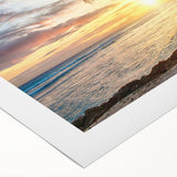 Art deco poster of a Caribbean beach scene on rolled canvas, featuring pastel blue and pink tones.