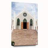 Large abstract wall art of a Caribbean scenery on acrylic glass, with vibrant blue and green tones.