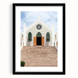 Colorful abstract art print of Caribbean scenery on a textured, extra large canvas, framed in black.