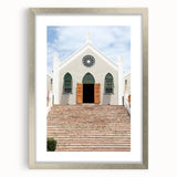 Extra large abstract art print depicting a textured Caribbean scenery in muted blue and green tones.