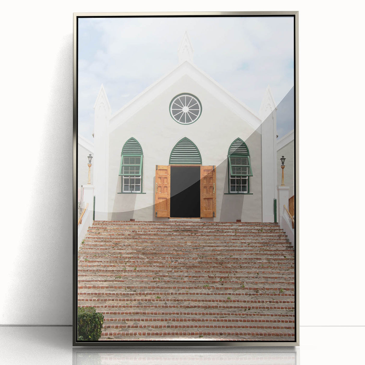 Mid-century modernist Caribbean scenery in muted aqua and green tones, framed acrylic print, ideal for modern art wall decor.
