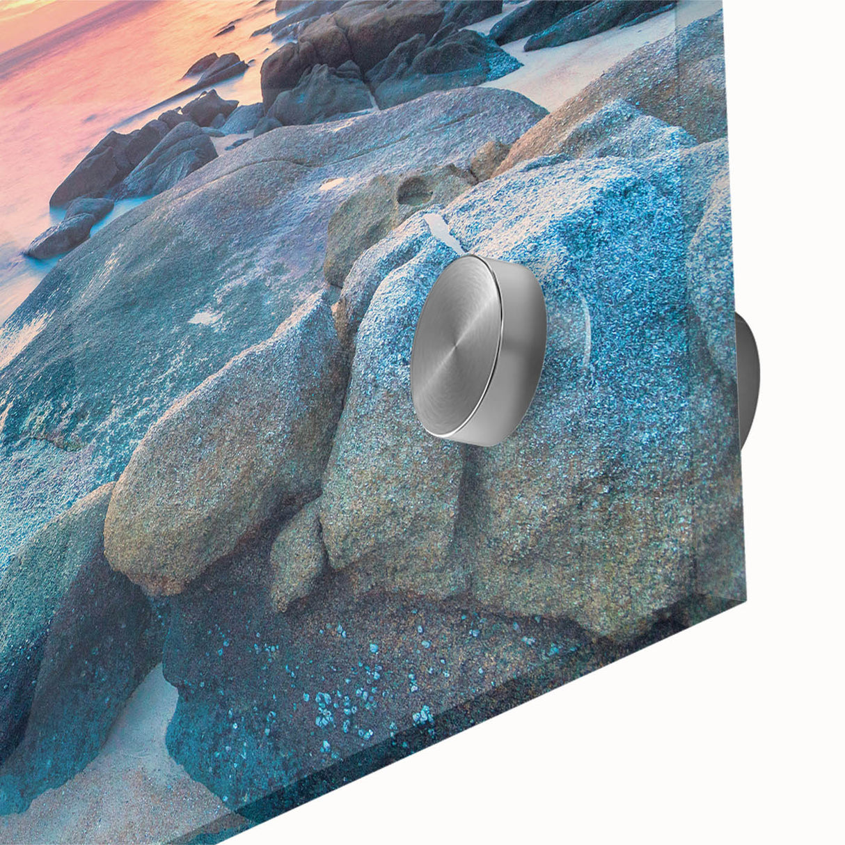 Large abstract wall art featuring Caribbean scenery in vibrant blues and greens on acrylic glass.
