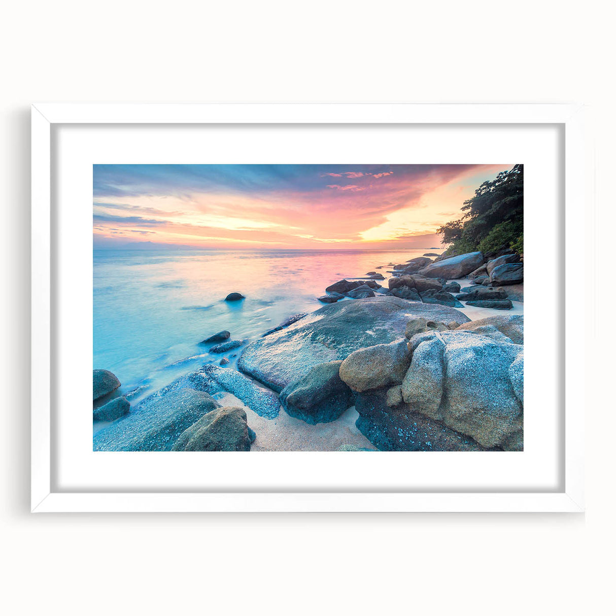 Textured abstract art print featuring Caribbean scenery in pastel colors, framed with a white mat.