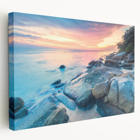 Caribbean Cayman landscape on large stretched canvas, featuring vivid blue and green tones, suitable for kitchen wall art.