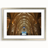 Extra large abstract art print of a Caribbean scenery in muted blue and green tones, framed in silver.